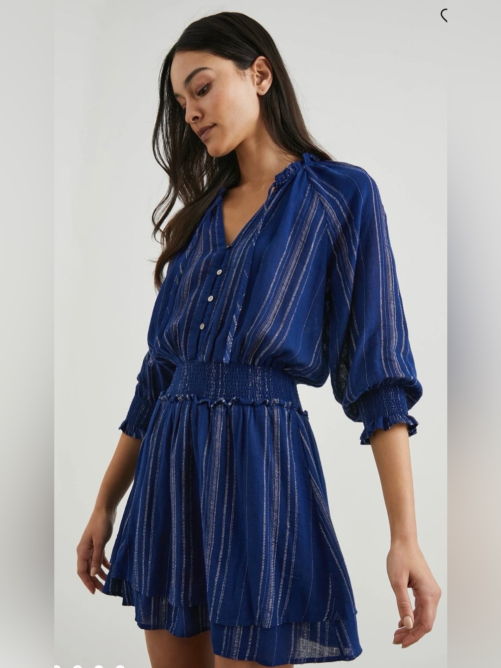 Rails “Crystal” Linen Blend  Blue Striped Smocked-Waist Dress